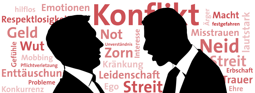 Konflikt Wordcloud – Konflikt, Streit, Neid, Emotionen, Wut, Zorn, Misstrauen